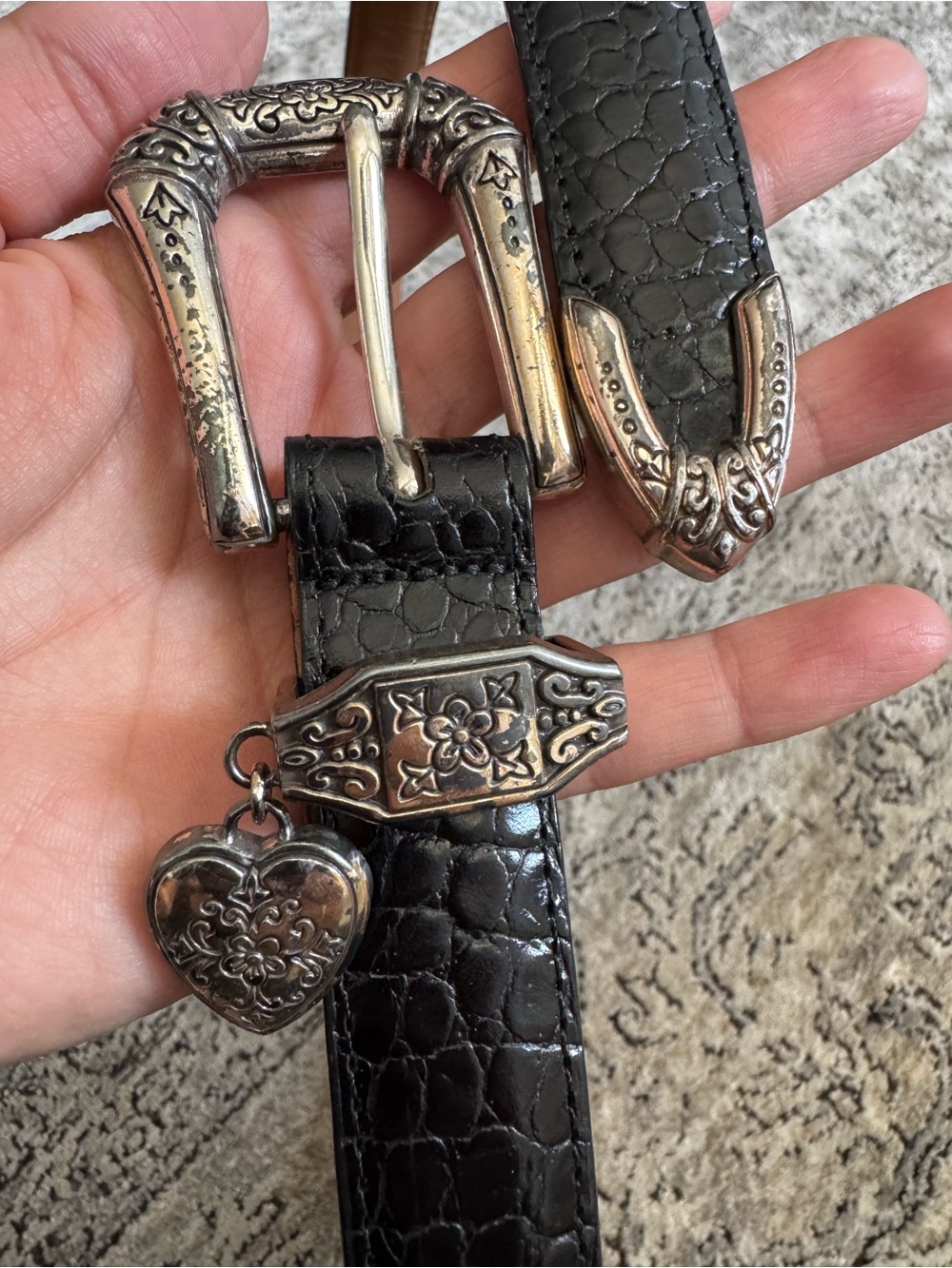 Brighton Black Croc-Embossed Leather Belt with Decorative Silver Heart Charm